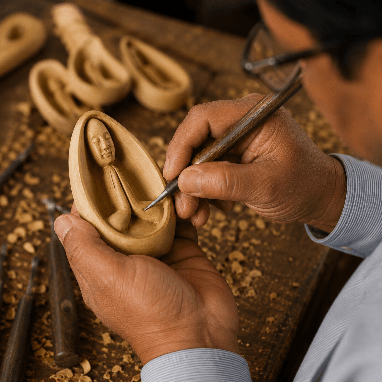 Master Damodar Lal Kumawat hand-finishing a walnut frame