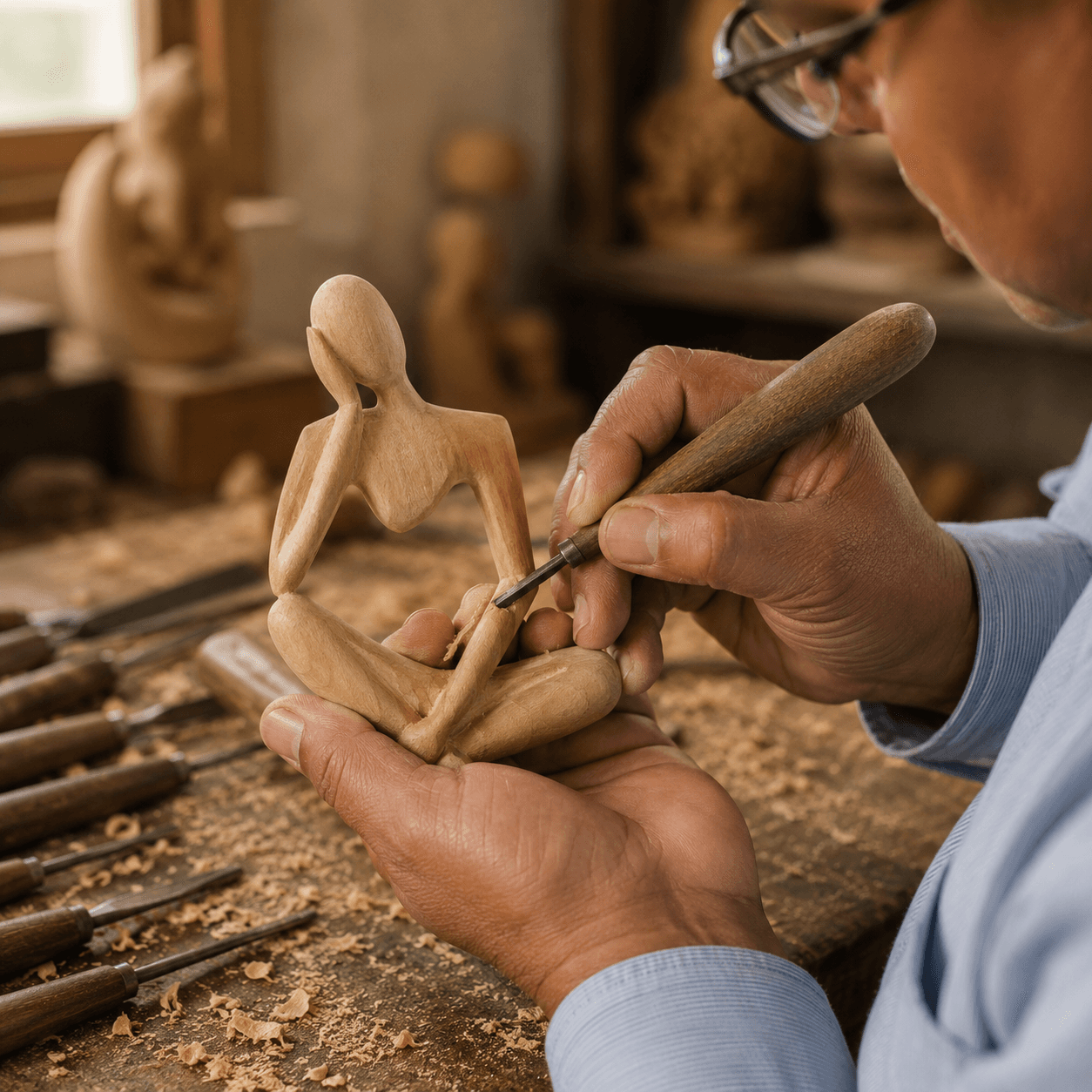 Close-up of Damodar's hands shaping the wood
